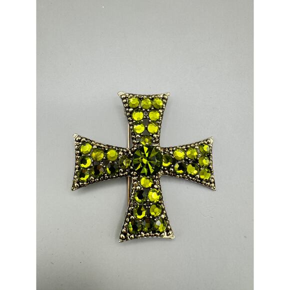 Vintage Weiss Maltese Cross Peridot Green Rhinestone Brooch - Picture 3 of 7